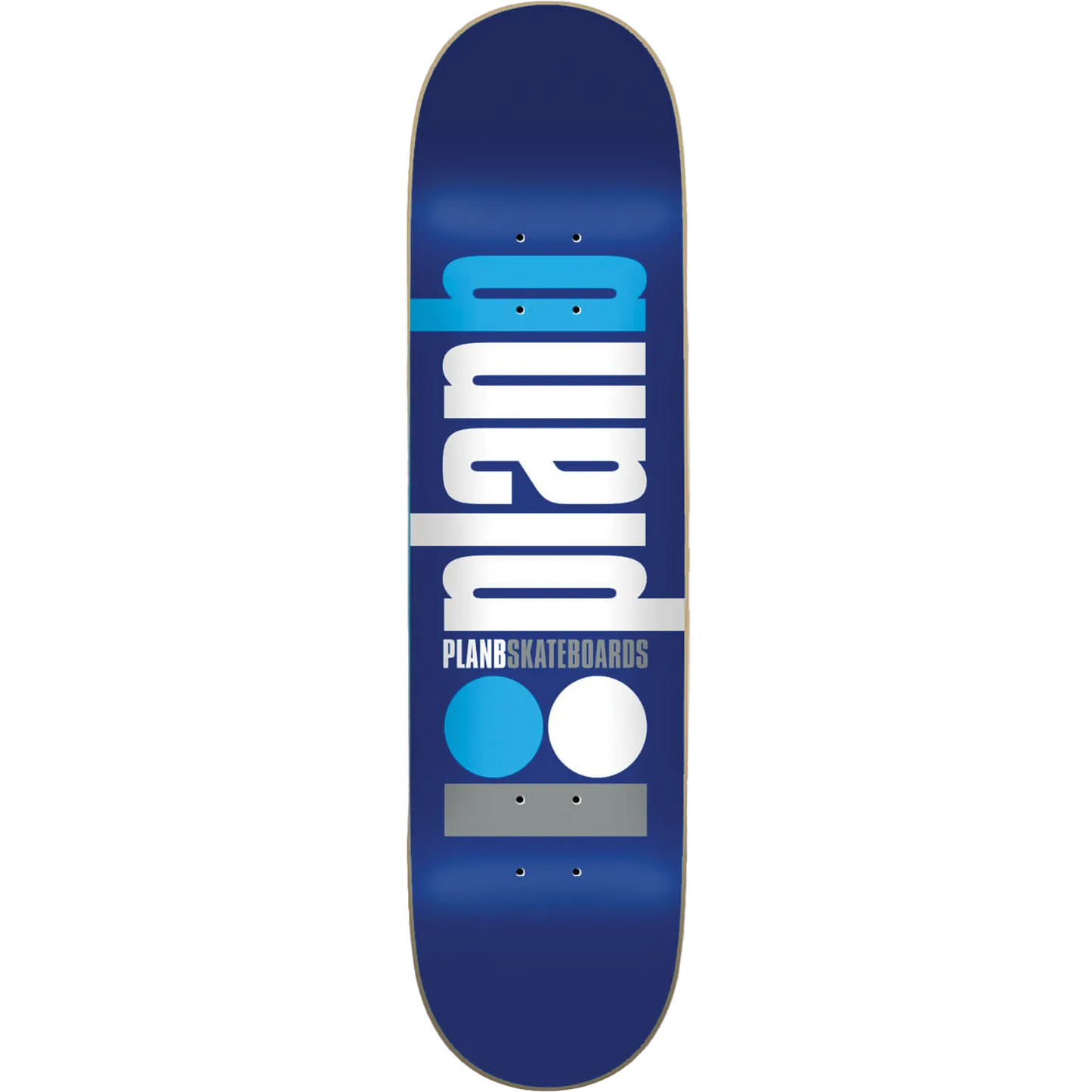 Blue skateboard deck with white and blue branding on a white background