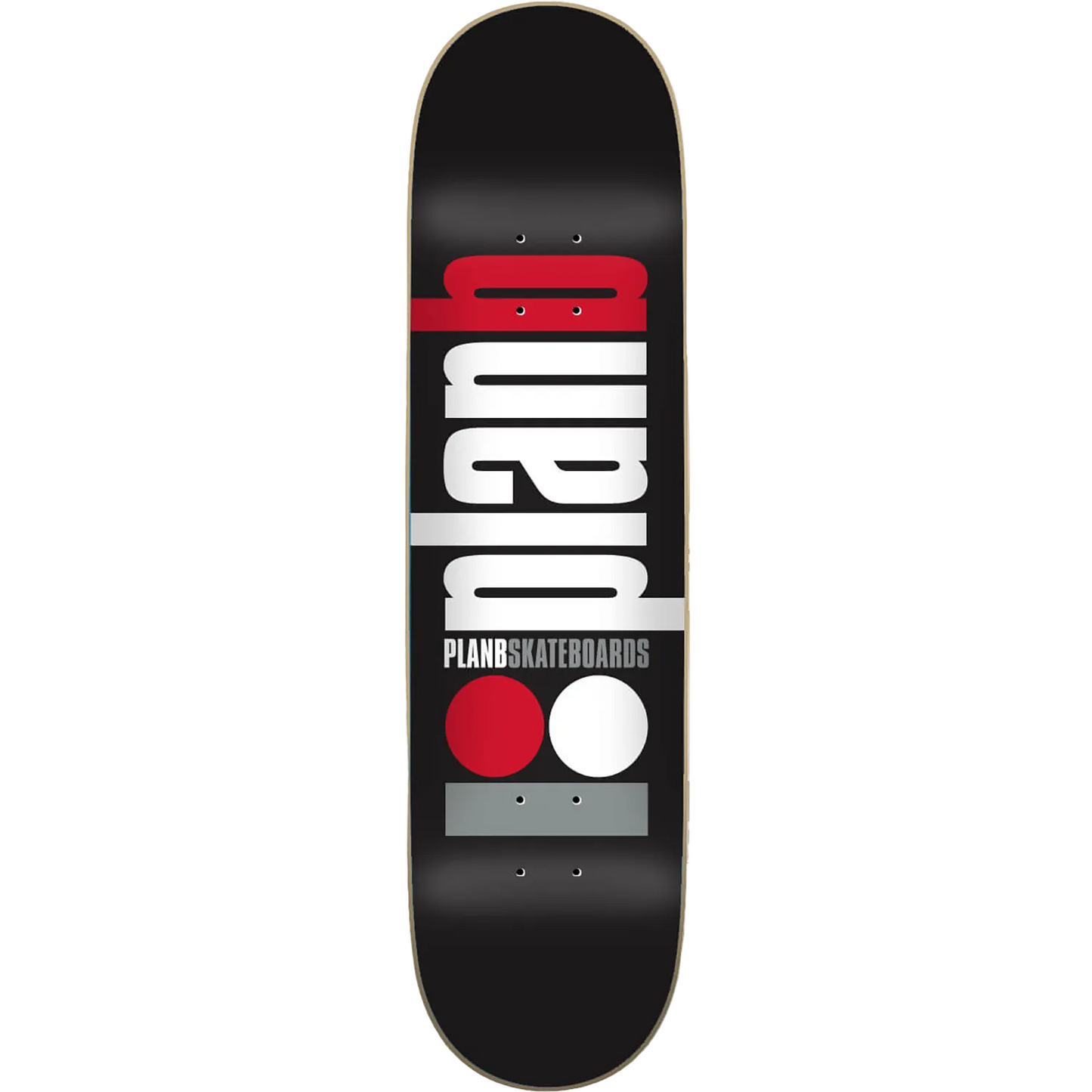 Black skateboard deck with red, white, and gray branding on a white background