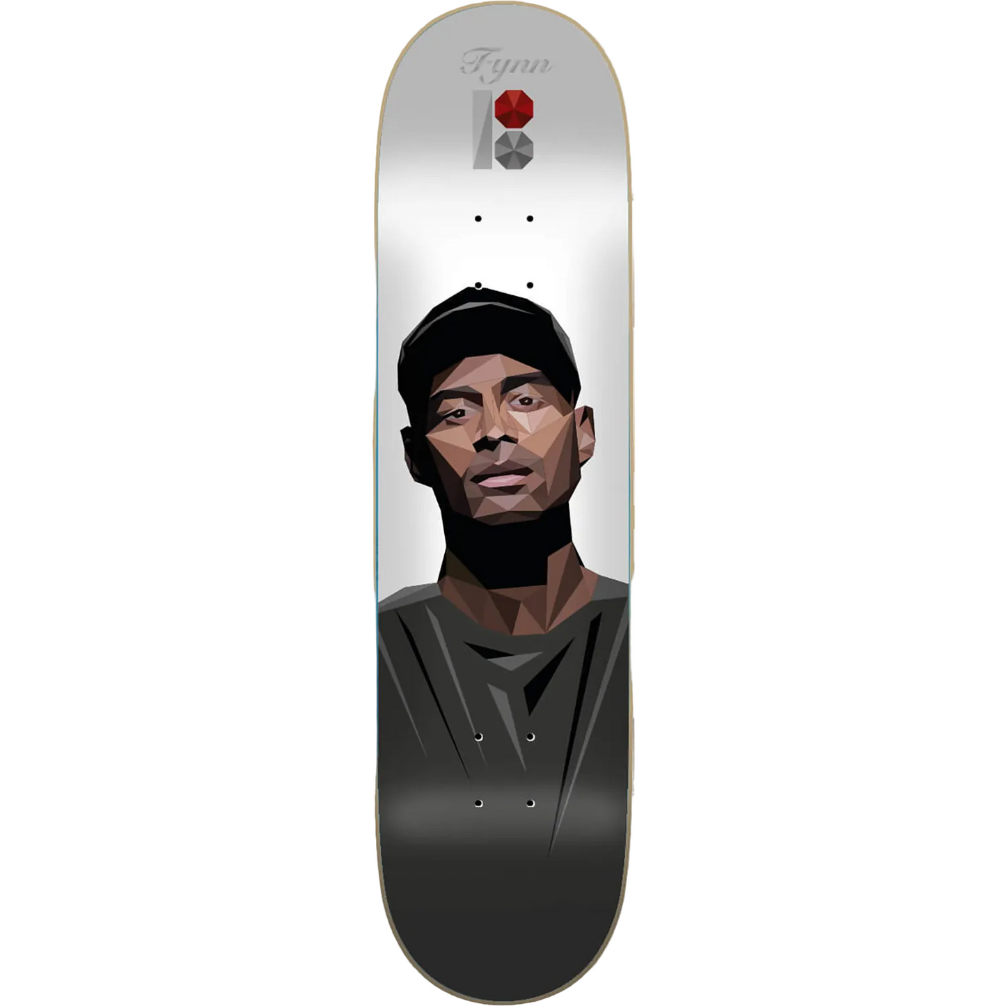 Skateboard deck with a graphic of a person's face on a white background