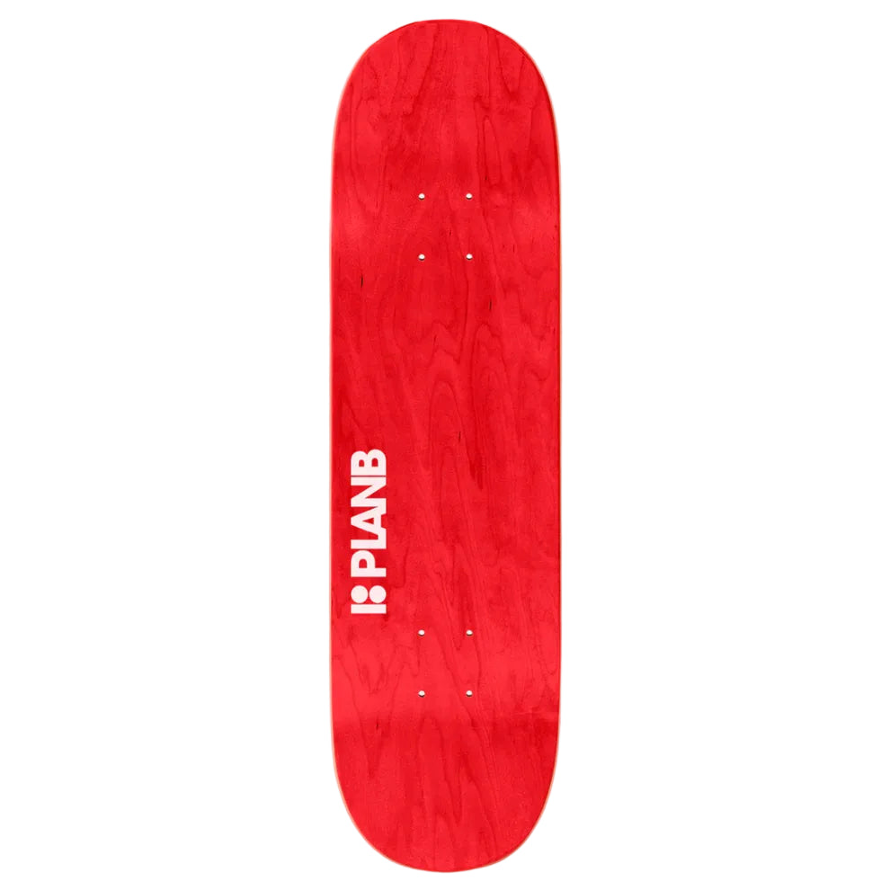 Red skateboard deck with 'Pianb' logo on a white background