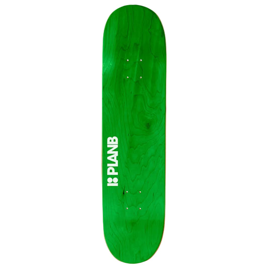 Green skateboard deck with 'PLANB' logo on a white background
