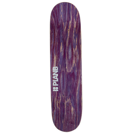 A skateboard deck with a purple and brown wood-grain pattern, featuring the brand name '18 PLANB' printed vertically in white on the left side, set against a plain white background.