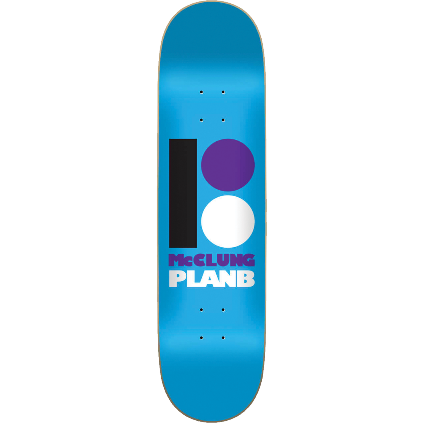 Blue skateboard deck with colorful design and text on a white background