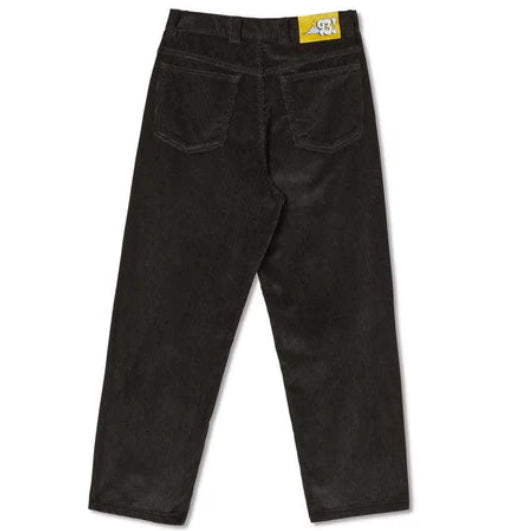 Black pants with a brand label on a white background