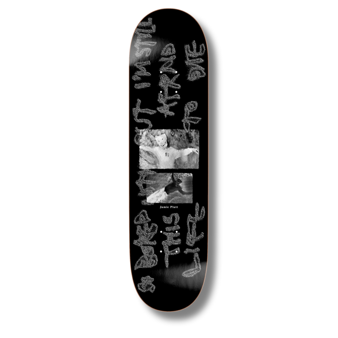 Skateboard deck with black and white graphics and text on a white background
