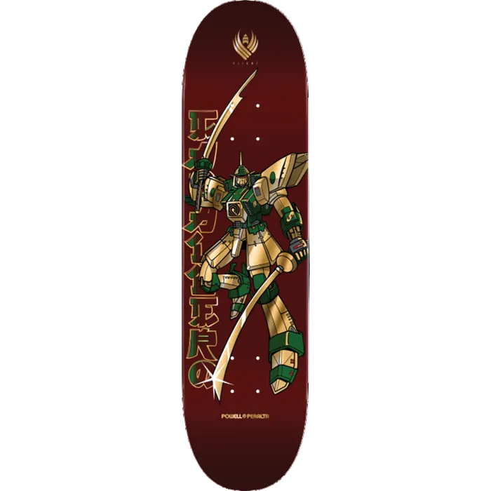 Skateboard deck with robot design on a red background
