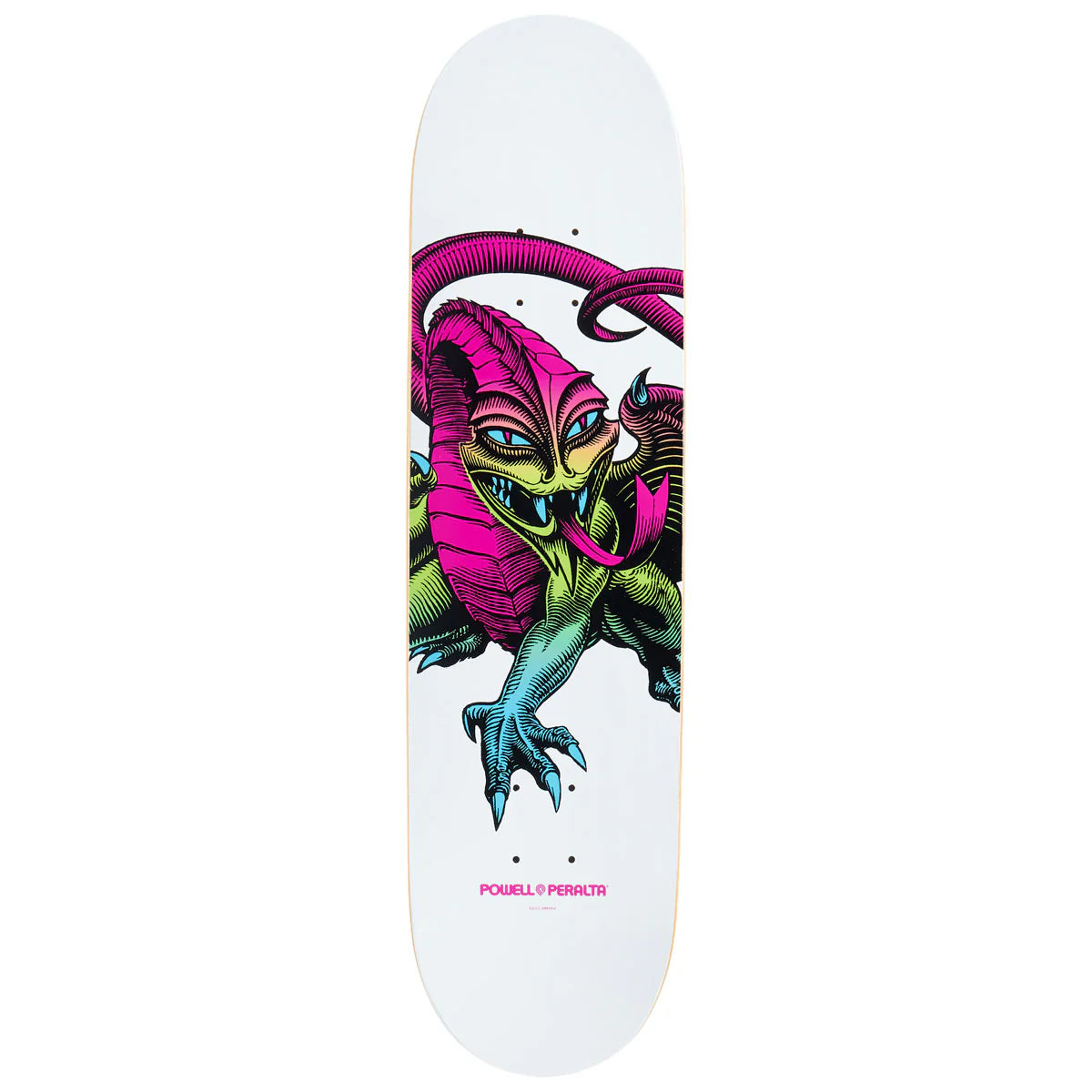 Skateboard deck with a colorful alien design on a white background