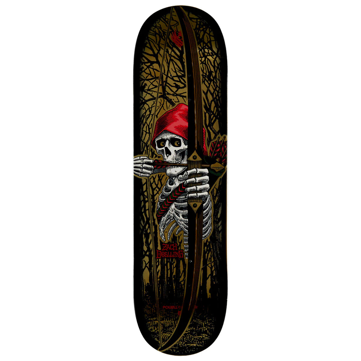 Skateboard deck with a skeleton wearing a red hood and holding a large sword in a dark, leafy background.