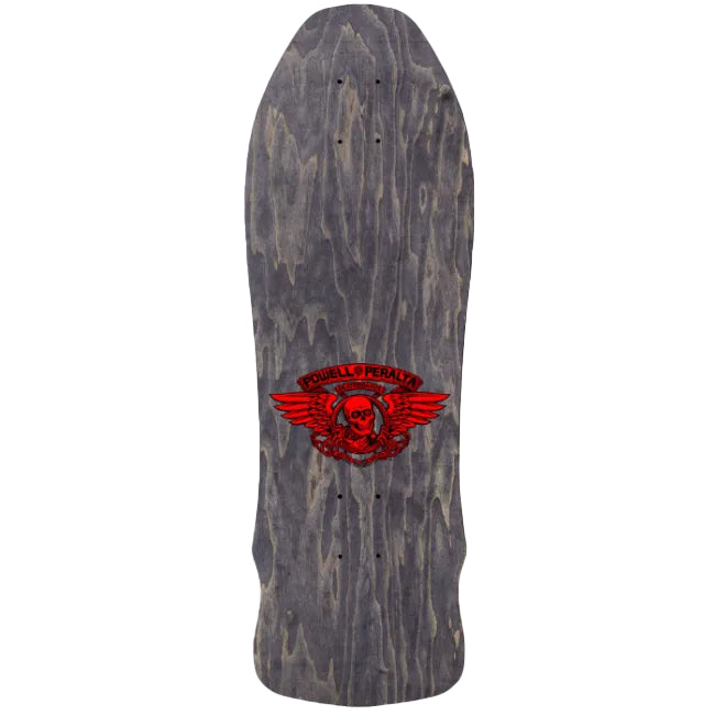 Skateboard deck with a red logo featuring a skull and wings on a gray background