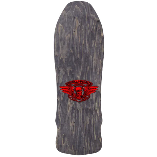 Skateboard deck with a red logo featuring a skull and wings on a gray background