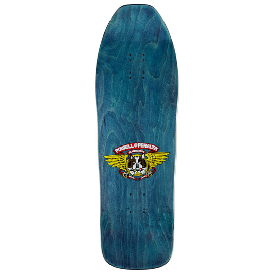 Blue skateboard deck with a Powell Peralta logo on a white background