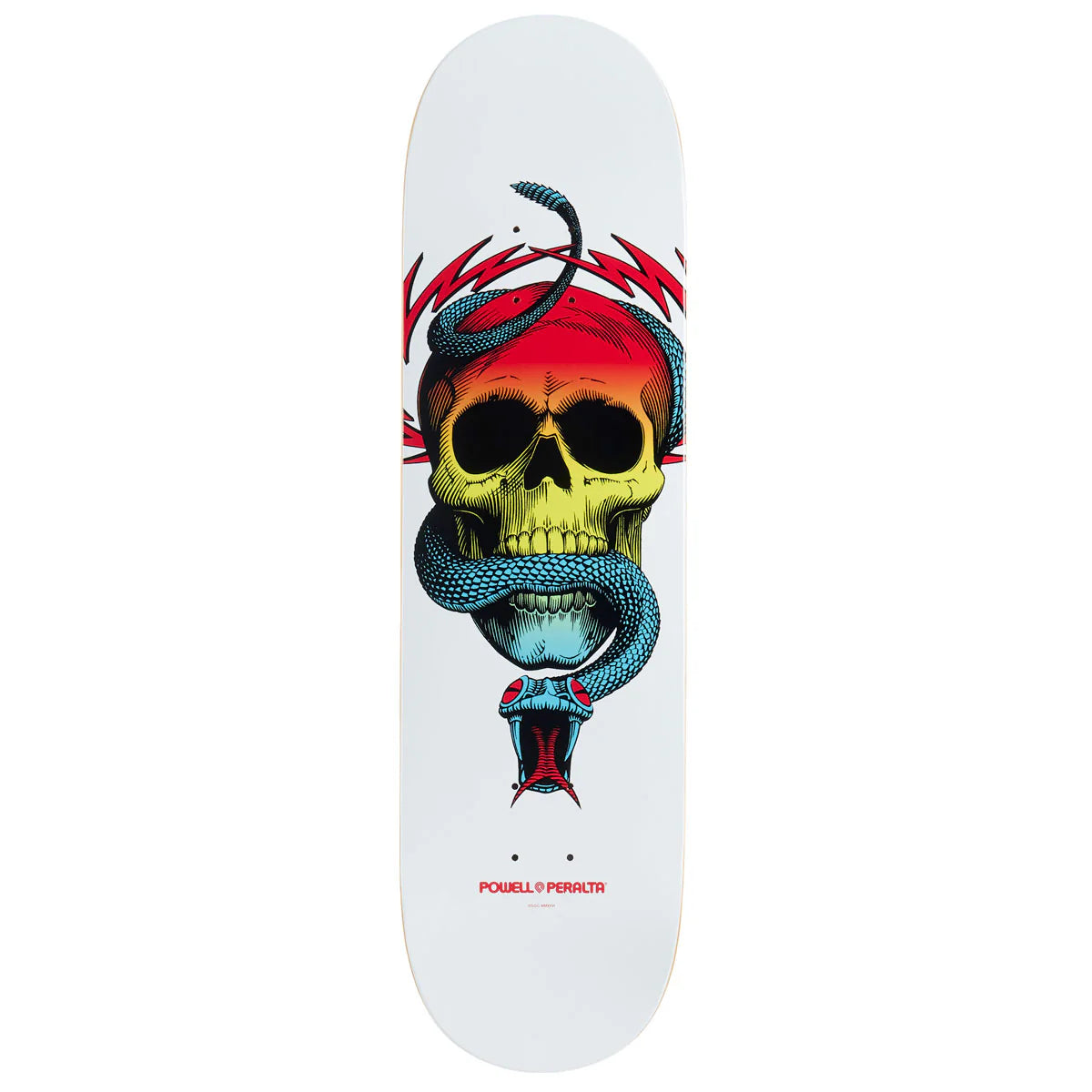 Skateboard deck with a skull and snake design on a white background