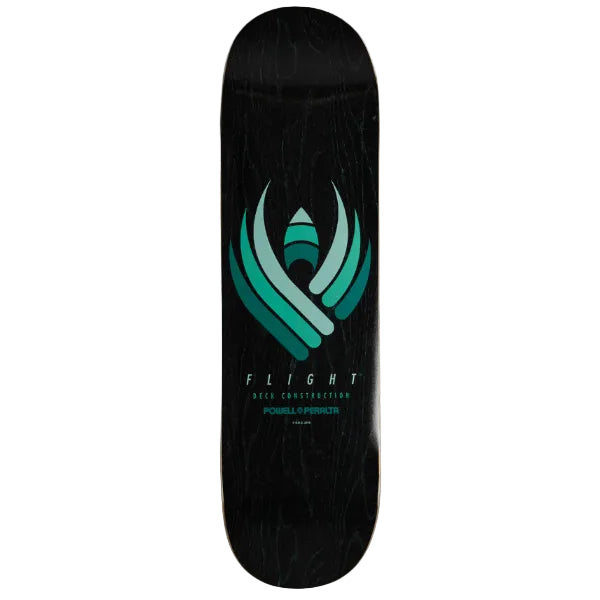 Black skateboard deck with green and white logo and text on a white background
