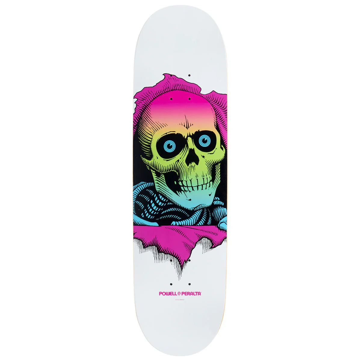 Skateboard deck with a colorful skull design on a white background