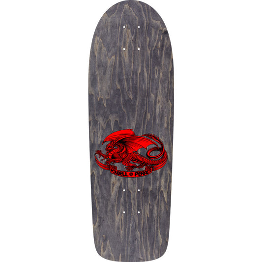 Skateboard deck with a red dragon design on a gray background
