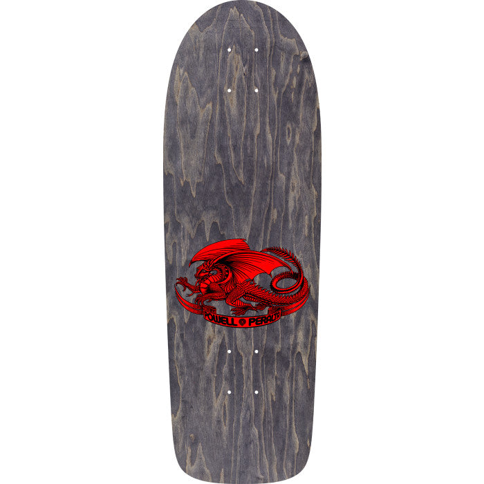 Skateboard deck with a red dragon design on a gray background