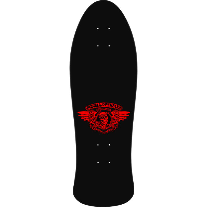 Black skateboard deck with red graphic design on a white background