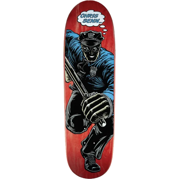 Skateboard deck with a graphic of a person in a police uniform holding a baton on a red background.