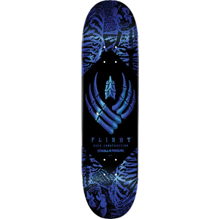 Skateboard deck with blue and black design on a white background