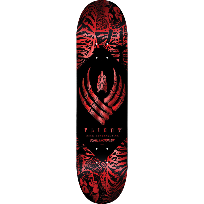 Skateboard deck with red and black design on a white background