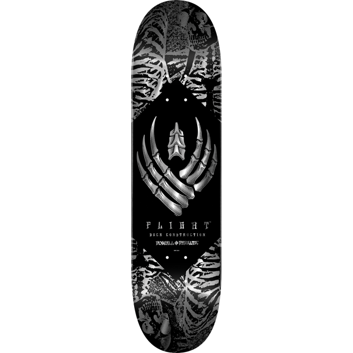 Black and white skateboard deck with intricate designs and 'Flight' branding on a white background