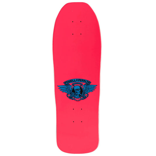 Red skateboard deck with a blue logo on a white background