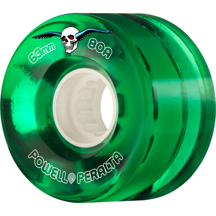 Green skateboard wheel with Powell Peralta logo on a white background