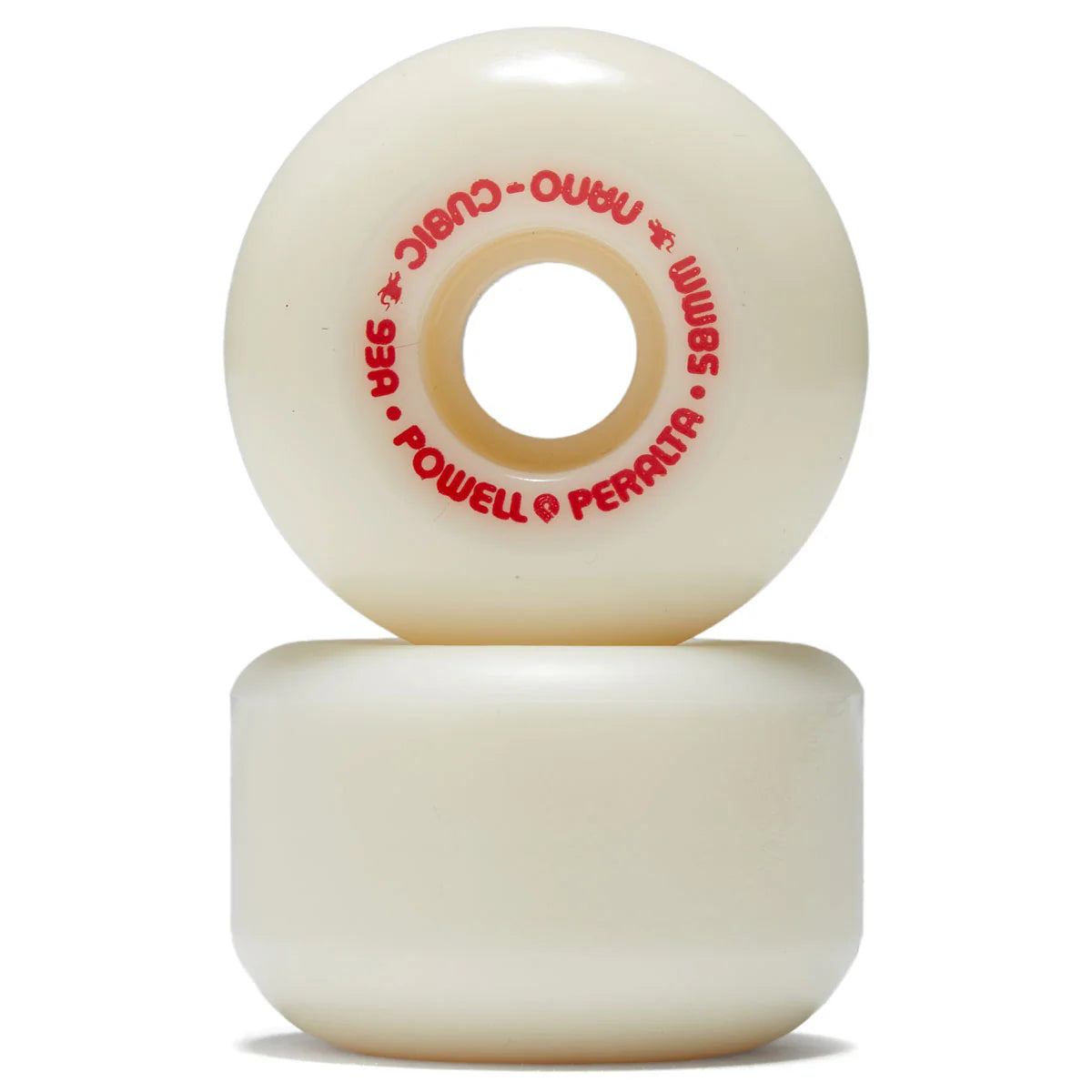 Two white skateboard wheels with red text on a white background