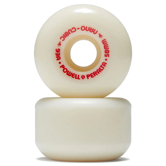 Two white skateboard wheels with red text on a white background