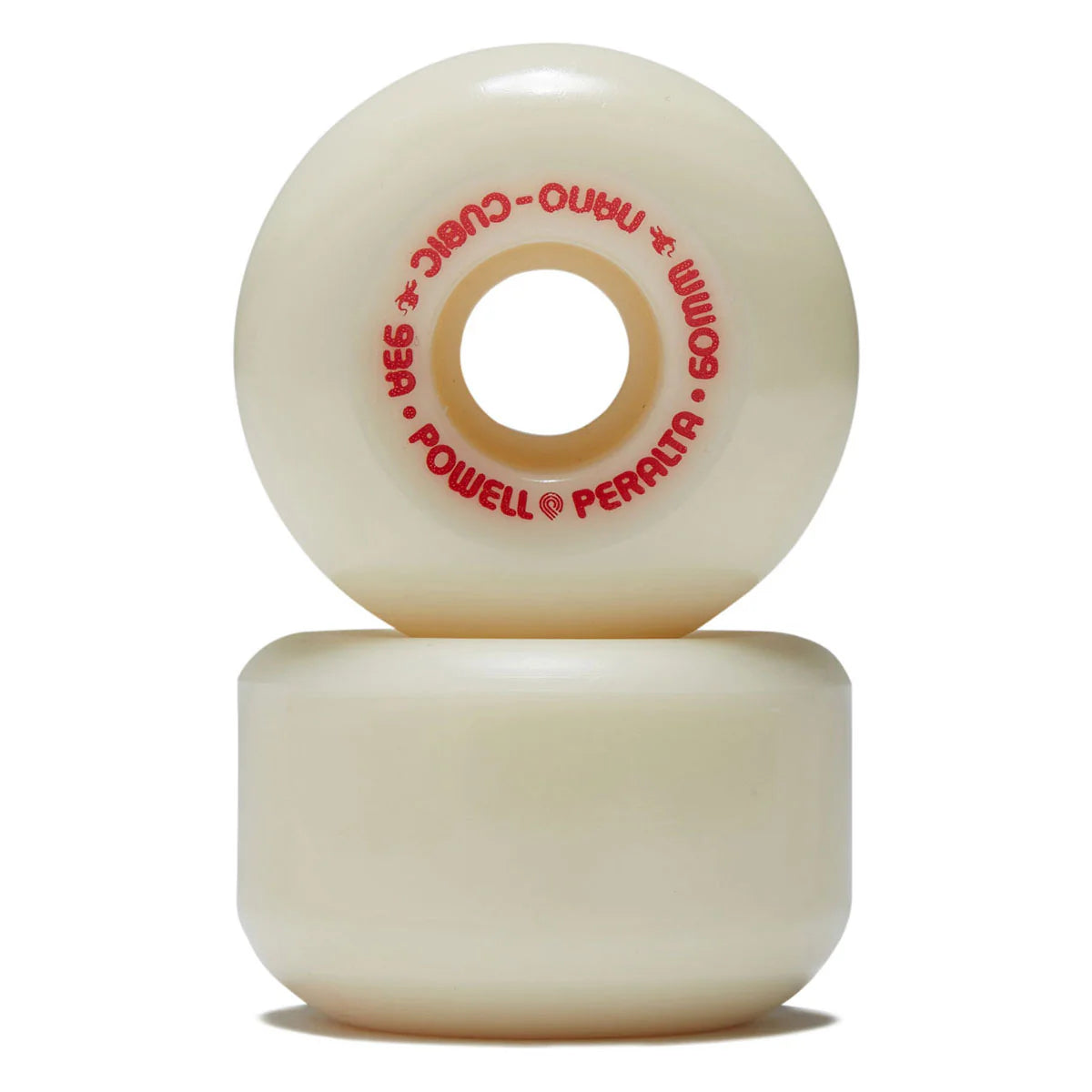 Two skateboard wheels with red text on a white background