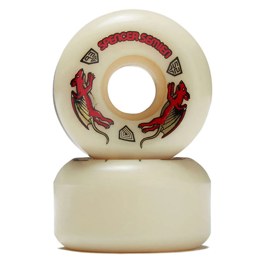 Skateboard wheels with red and black graphics and 'Spencer Series' branding on a white background
