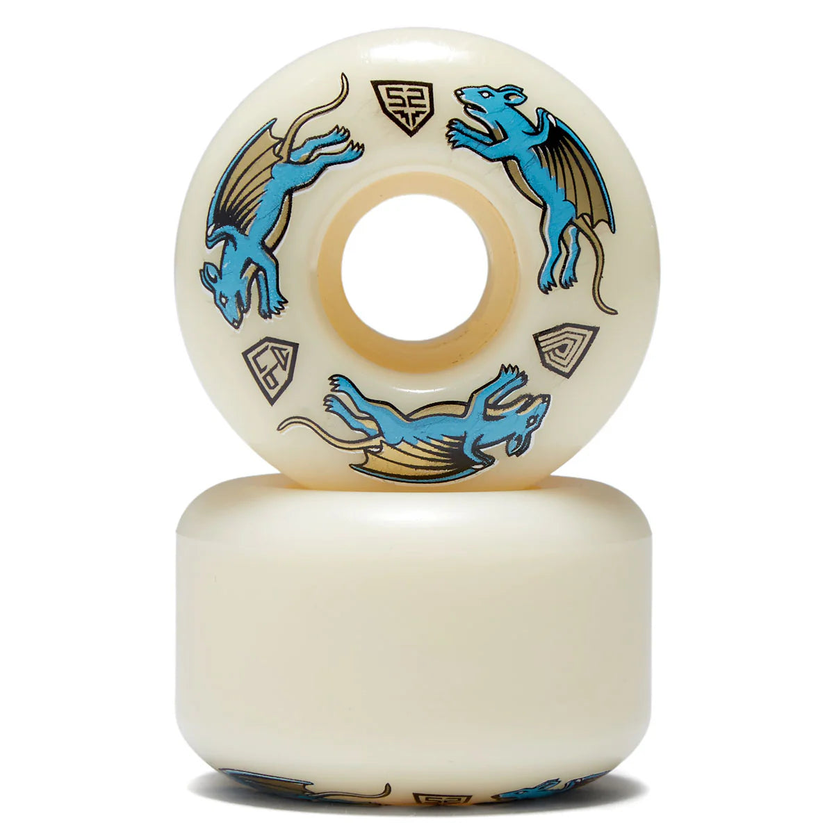Skateboard wheels with blue dragon design on a white background