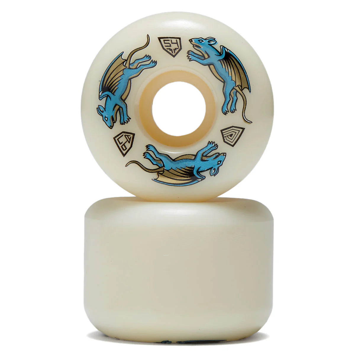 Two skateboard wheels with blue dragon designs on a white background