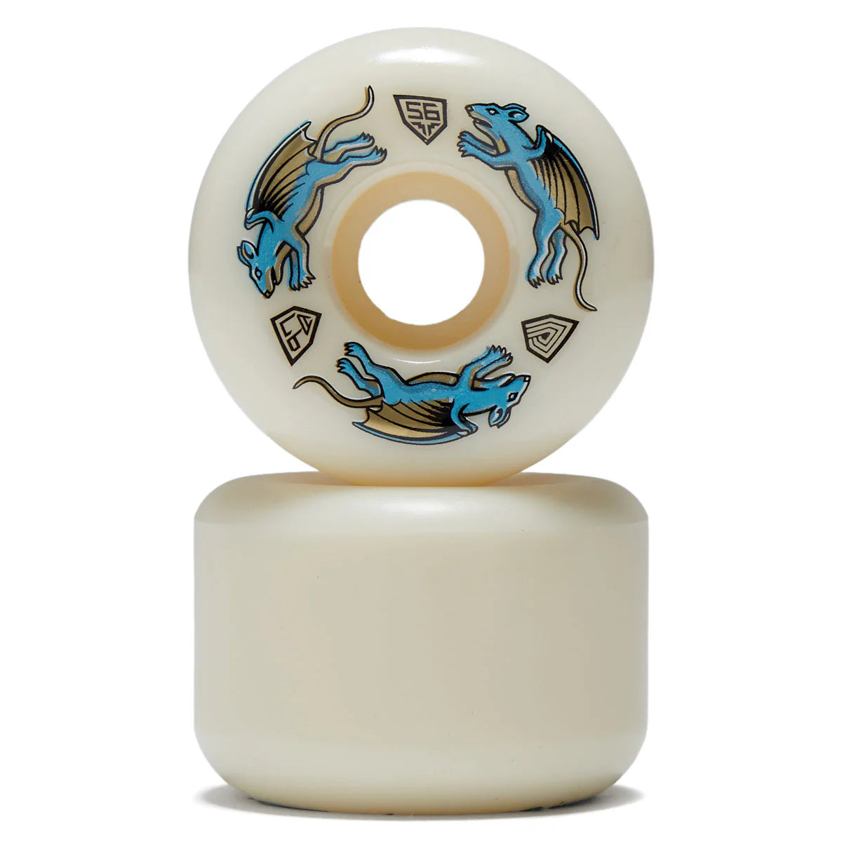 Two skateboard wheels with dragon design on a white background