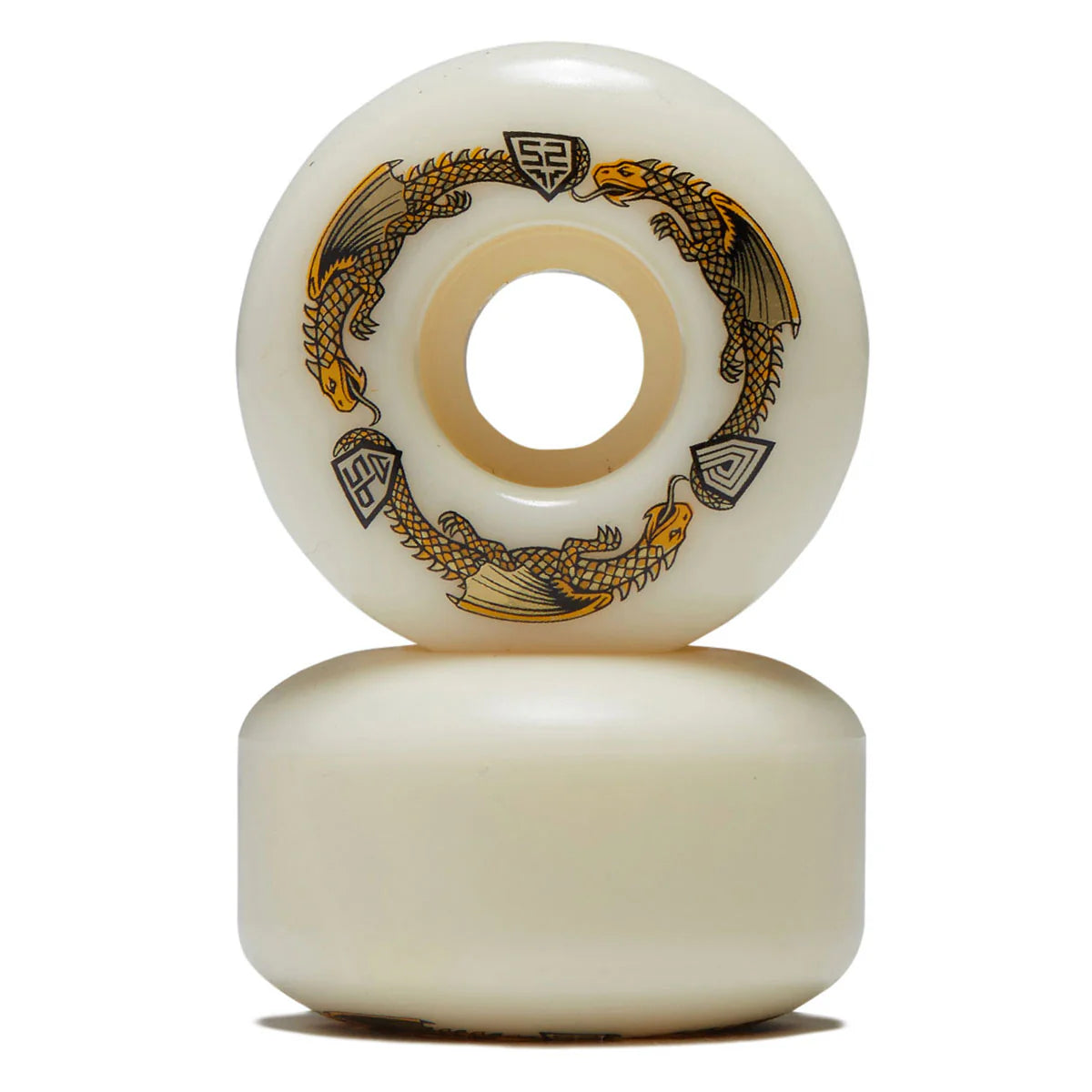 Two white skateboard wheels with gold and black designs on a white background