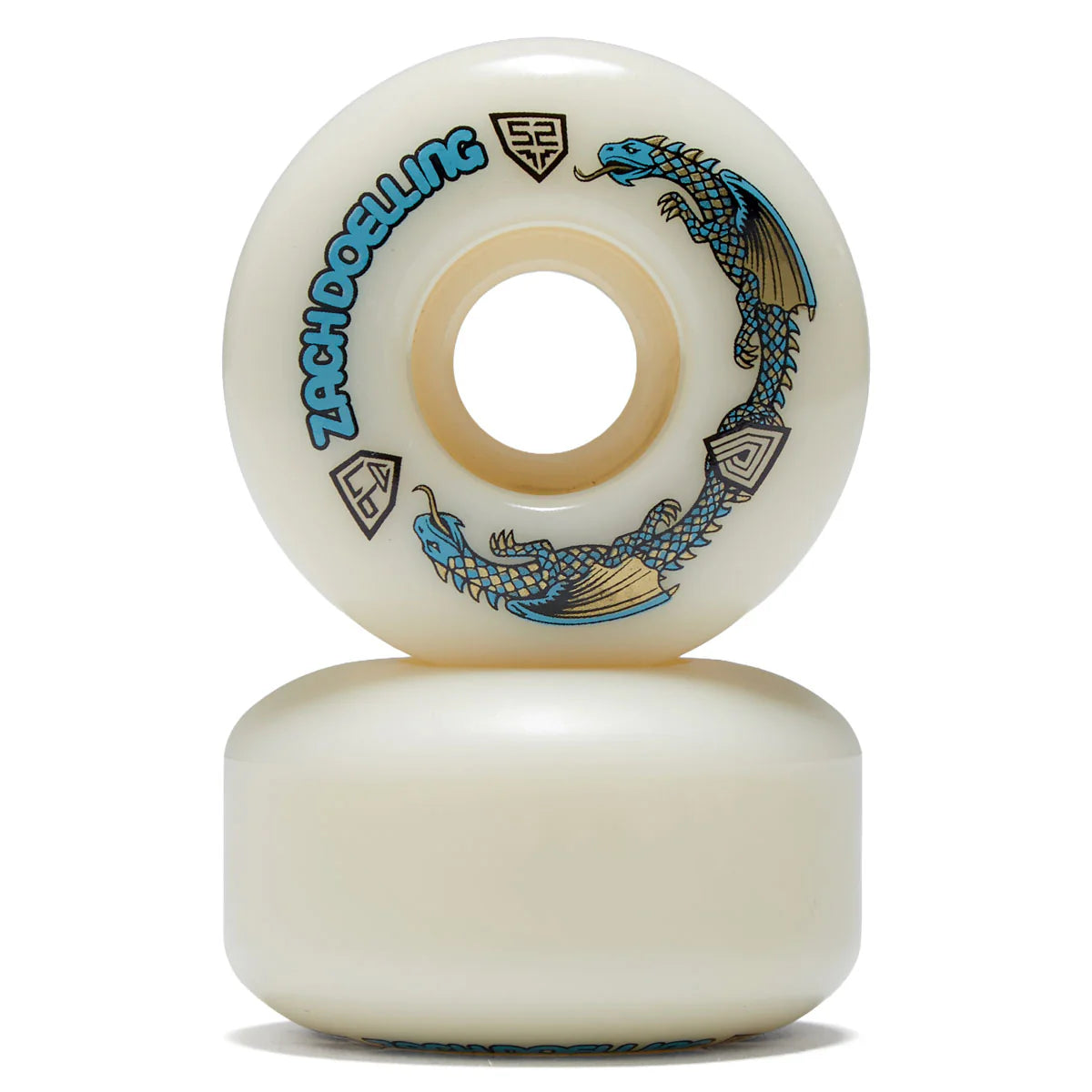 Two skateboard wheels with a dragon design and 'Zach Scootering' branding on a white background.