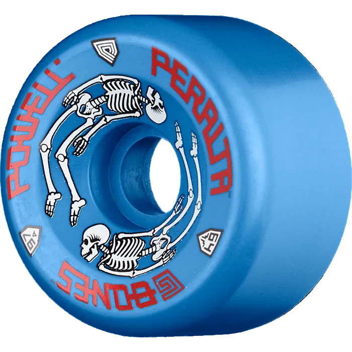 Blue skateboard wheel with skeleton design and Powell Peralta branding on a white background