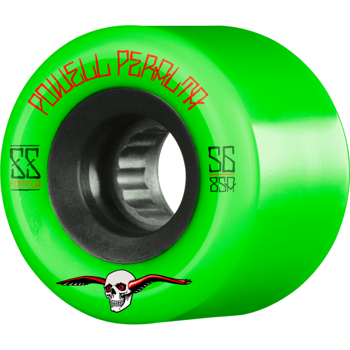 Green skateboard wheel with Powell Peralta branding and a skull design on a white background