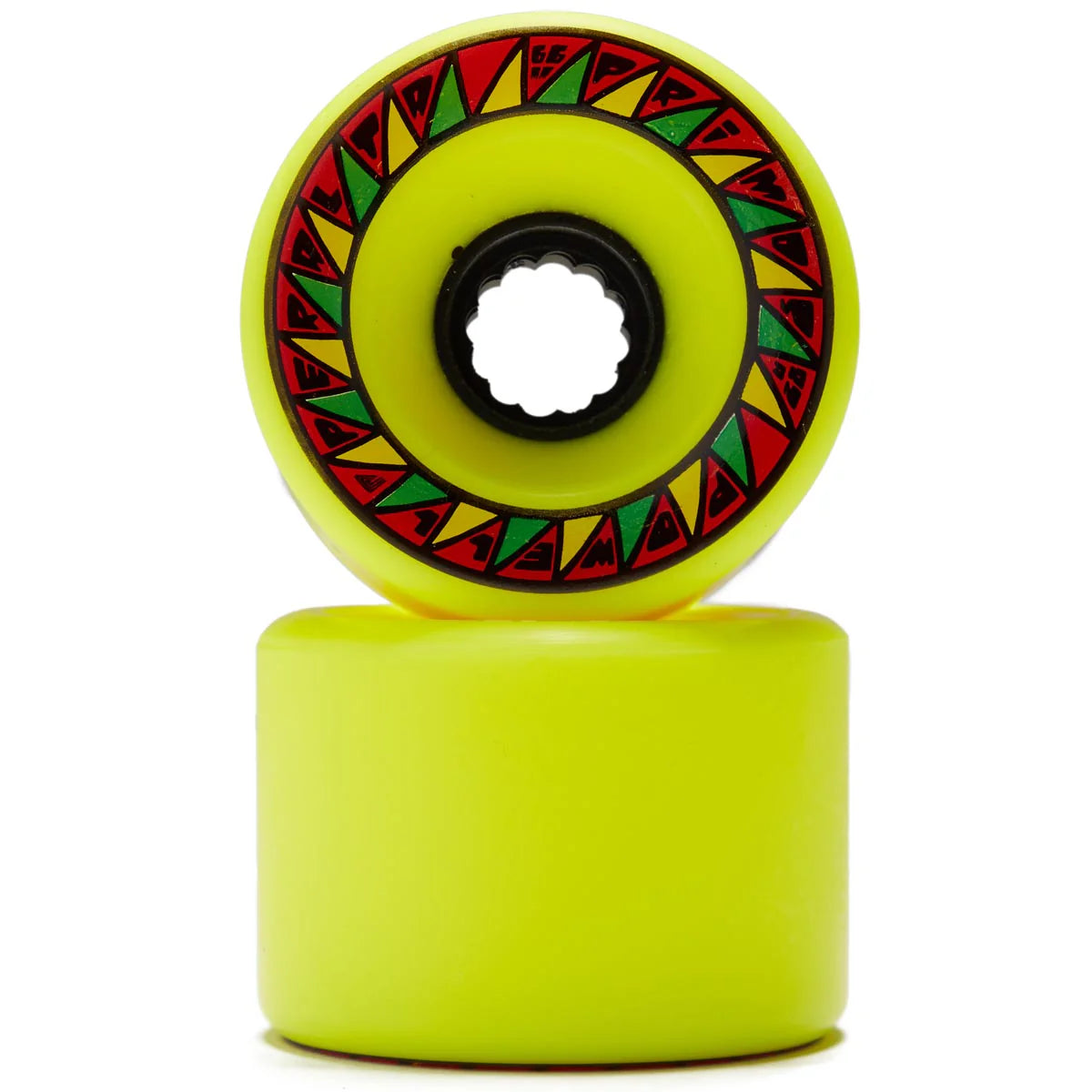 Yellow skateboard wheel with red and green geometric pattern on a white background