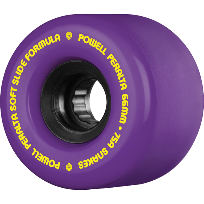 Purple skateboard wheel with yellow text on a white background