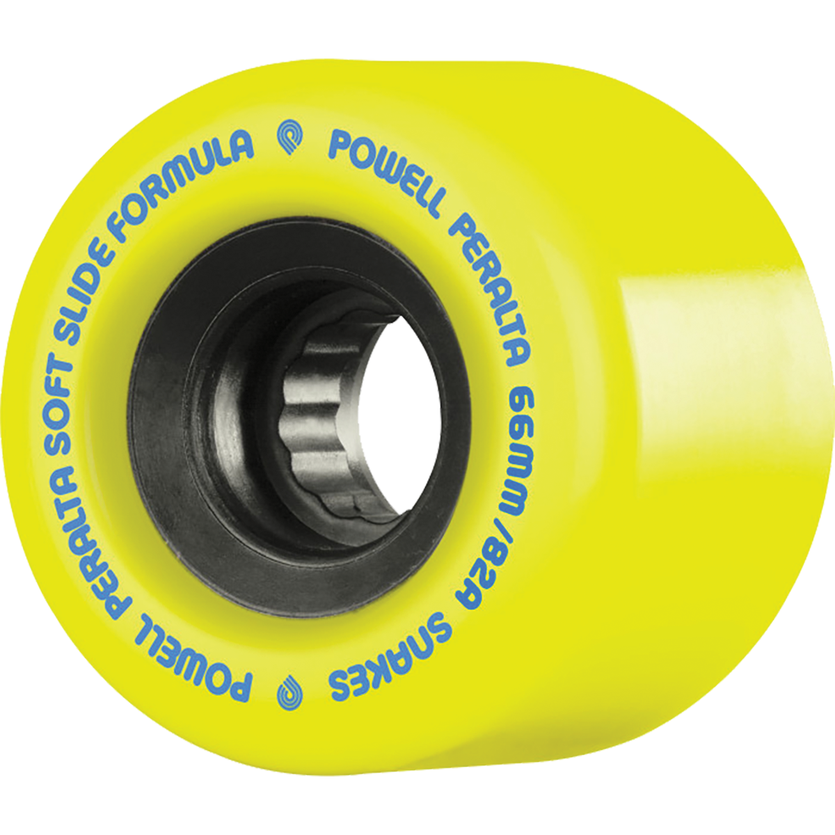 Yellow skateboard wheel with Powell Peralta branding on a white background