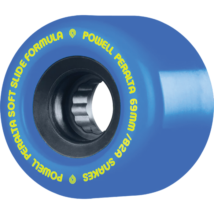 Blue skateboard wheel with yellow text on a white background