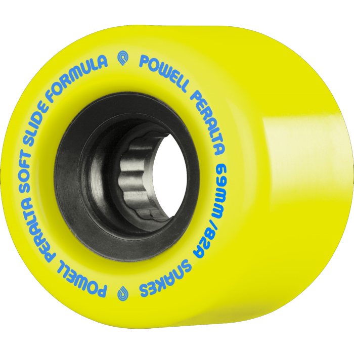 Yellow skateboard wheel with Powell Peralta branding on a white background