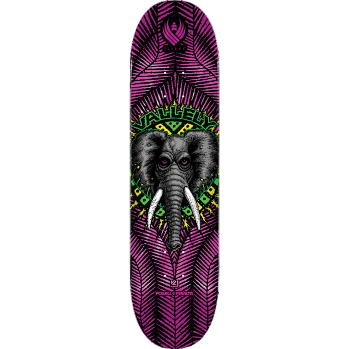 Skateboard deck with an elephant design and colorful patterns on a white background