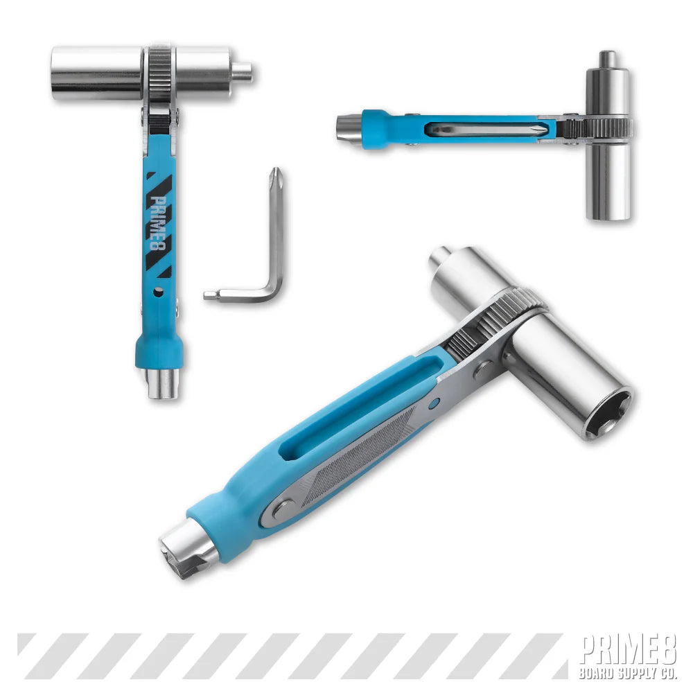 Set of tools with blue handles and metallic components on a white background