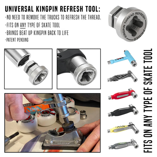 Universal kingpin refresh tool for skateboards with features listed on a white background.