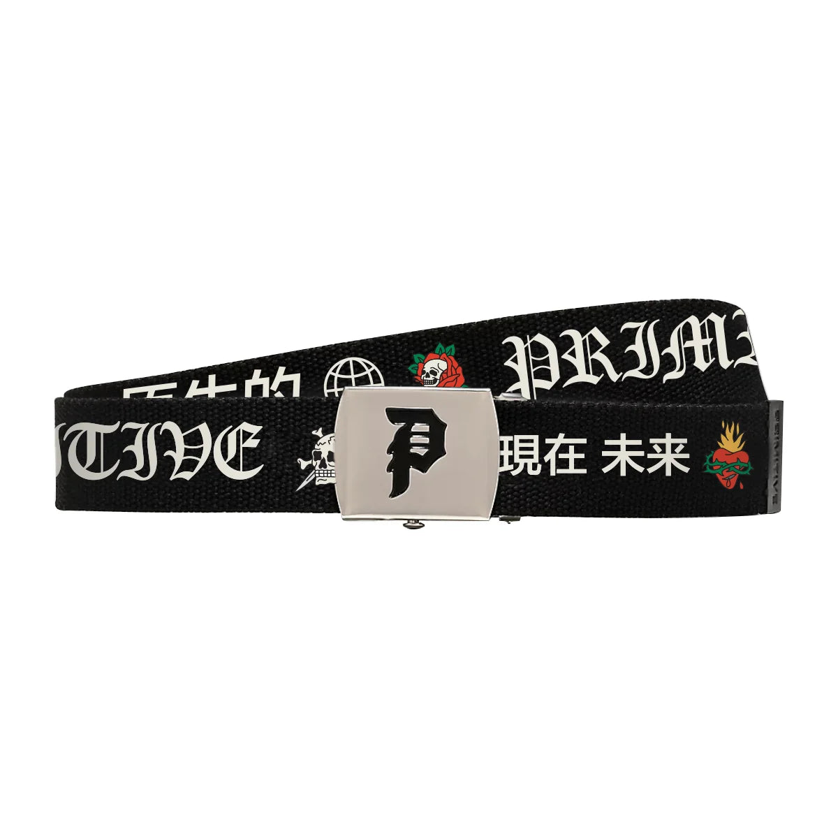 A black web belt with a silver buckle, featuring white Gothic lettering, Chinese characters, and small red and green skull-and-rose graphics, displayed on a plain white background.