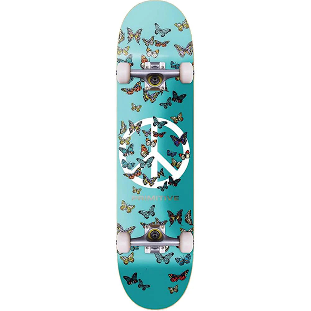 Skateboard with peace symbol and butterfly design on a light blue background