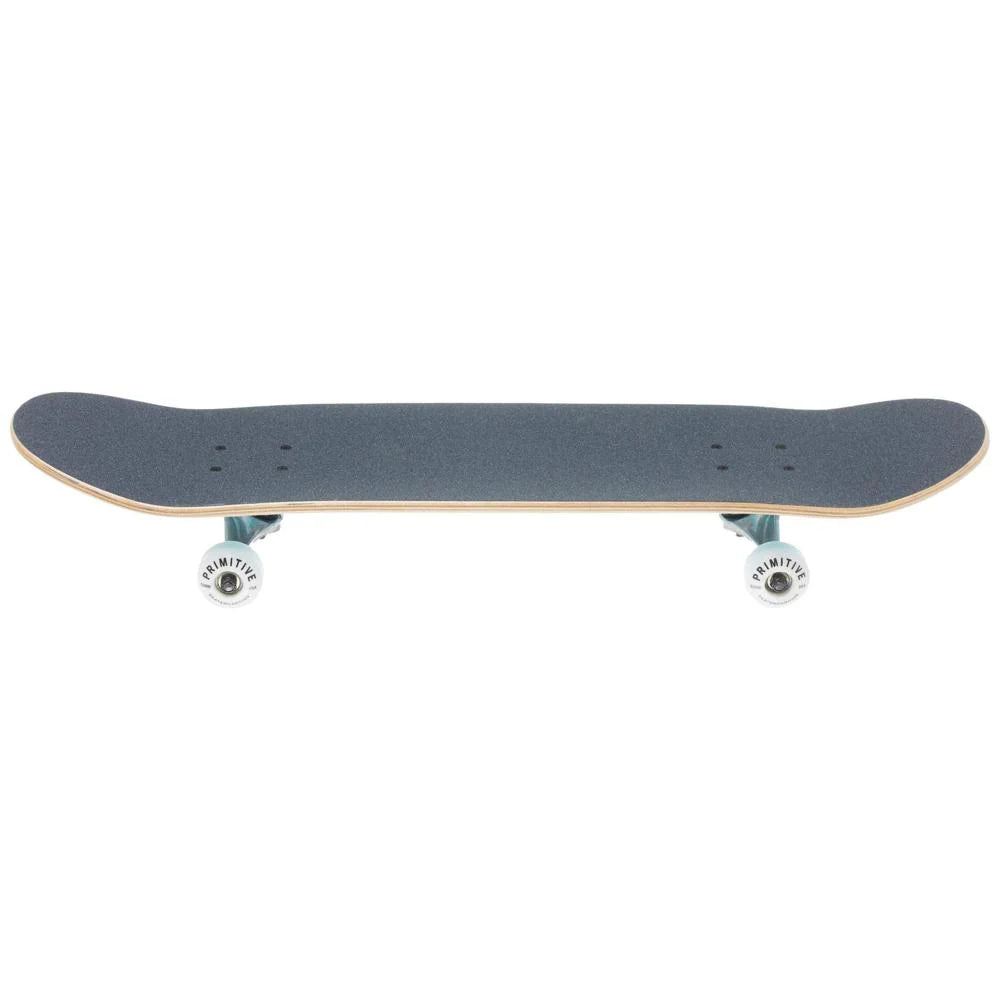 Skateboard with a black deck and white trucks on a white background