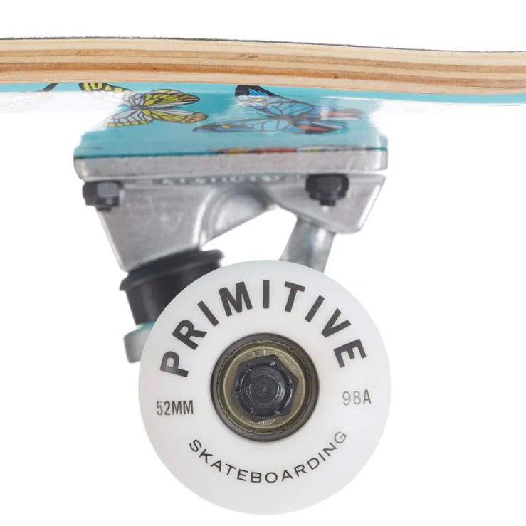 Close-up of a skateboard wheel with 'Primitive Skateboarding' branding on a white background